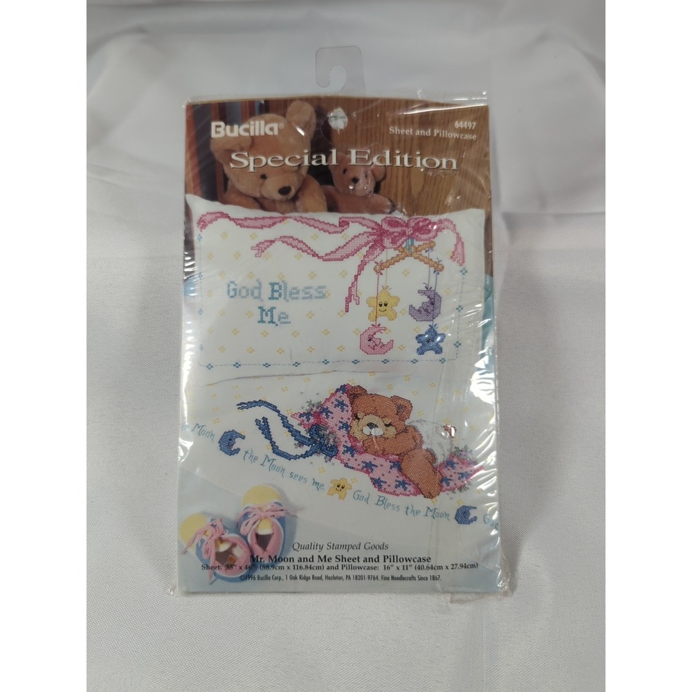 Bucilla Stamped Cross Stitch Mr Moon & Me Baby Sheet & Pillowcase Set 64497